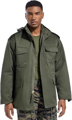 سترة M65 الميدانية التكتيكية للرجال - معطف عسكري بغطاء رأس قابل للإزالة، مبطن بالكامل، خصر قابل للتعديل وتصميم 4 جيوب in Kuwait