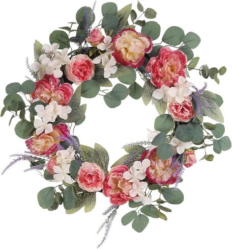 Pink Peony Wreath, Spring Wreaths for Front Door, Wall, Window - 25 inch Artificial Floral Wreath with Hydrangea, Eucalyptus, Summer Wreath for Indoor Outdoor Home, Wedding, Mother’s Day Decor in Saudi Arabia