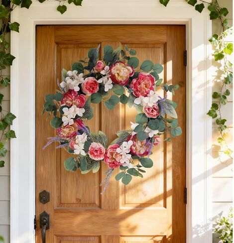 Pink Peony Wreath, Spring Wreaths for Front Door, Wall, Window - 25 inch Artificial Floral Wreath with Hydrangea, Eucalyptus, Summer Wreath for Indoor Outdoor Home, Wedding, Mother’s Day Decor in Saudi Arabia