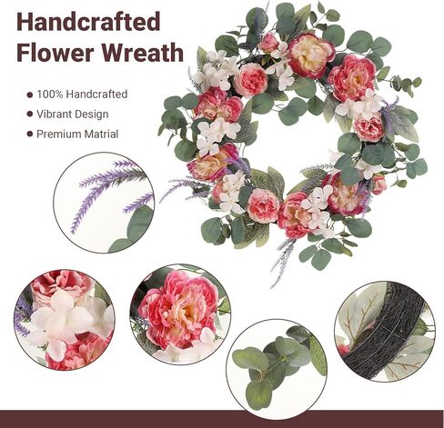 Pink Peony Wreath, Spring Wreaths for Front Door, Wall, Window - 25 inch Artificial Floral Wreath with Hydrangea, Eucalyptus, Summer Wreath for Indoor Outdoor Home, Wedding, Mother’s Day Decor in Saudi Arabia