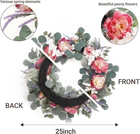 Pink Peony Wreath, Spring Wreaths for Front Door, Wall, Window - 25 inch Artificial Floral Wreath with Hydrangea, Eucalyptus, Summer Wreath for Indoor Outdoor Home, Wedding, Mother’s Day Decor in Saudi Arabia