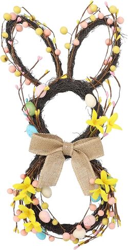 19.6 Inch Easter Bunny Wreath, Easter Bunny Wreath Spring Bunny Shaped Artificial Flower Band with Greenery White Daisies for Front Door Wall Window Holiday Season Decoration in Kuwait