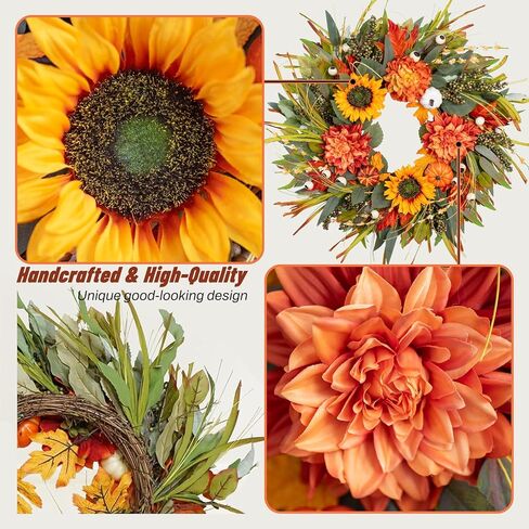أكاليل الخريف للباب الأمامي 24 بوصة إكليل الخريف مع القرع وعباد الشمس والتوت - إكليل الخريف في الهواء الطلق للشرفة وعيد الشكر والهالوين وديكور الحصاد in Kuwait