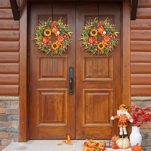 أكاليل الخريف للباب الأمامي 24 بوصة إكليل الخريف مع القرع وعباد الشمس والتوت - إكليل الخريف في الهواء الطلق للشرفة وعيد الشكر والهالوين وديكور الحصاد in Kuwait