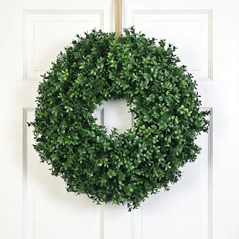 24 Inch Artificial Boxwood Wreath for Front Door – Lush Green Leaf Wreath for All Seasons, Faux Boxwood Door Decor for Farmhouse, Porch, Wall, and Indoor Outdoor Home Decoration (1, 24 Inch) in Kuwait