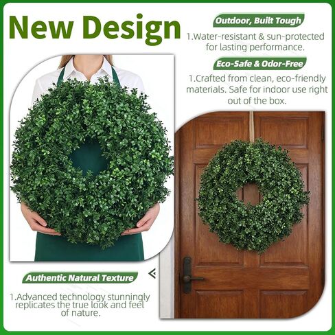 24 Inch Artificial Boxwood Wreath for Front Door – Lush Green Leaf Wreath for All Seasons, Faux Boxwood Door Decor for Farmhouse, Porch, Wall, and Indoor Outdoor Home Decoration (1, 24 Inch) in Kuwait