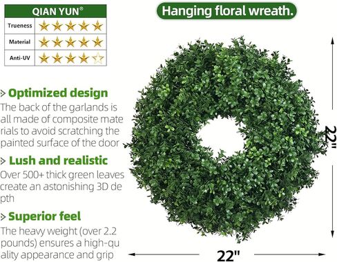 24 Inch Artificial Boxwood Wreath for Front Door – Lush Green Leaf Wreath for All Seasons, Faux Boxwood Door Decor for Farmhouse, Porch, Wall, and Indoor Outdoor Home Decoration (1, 24 Inch) in Kuwait