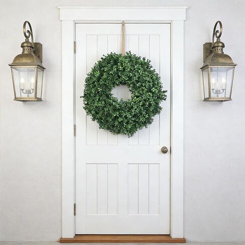 24 Inch Artificial Boxwood Wreath for Front Door – Lush Green Leaf Wreath for All Seasons, Faux Boxwood Door Decor for Farmhouse, Porch, Wall, and Indoor Outdoor Home Decoration (1, 24 Inch) in Kuwait