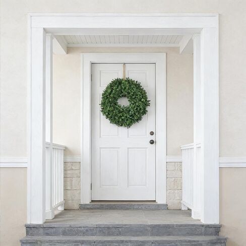 24 Inch Artificial Boxwood Wreath for Front Door – Lush Green Leaf Wreath for All Seasons, Faux Boxwood Door Decor for Farmhouse, Porch, Wall, and Indoor Outdoor Home Decoration (1, 24 Inch) in Kuwait