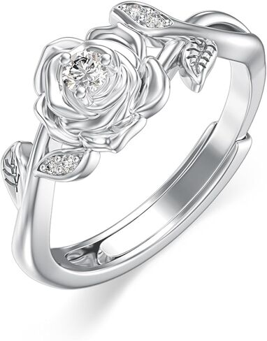 Diamond Rose Open Ring for Women 925 Sterling Silver Rose Flower Adjustable Finger Rings Jewelry Birthday Anniversary Christmas Gifts for Mom Wife Lover Girlfriend Her in Saudi Arabia