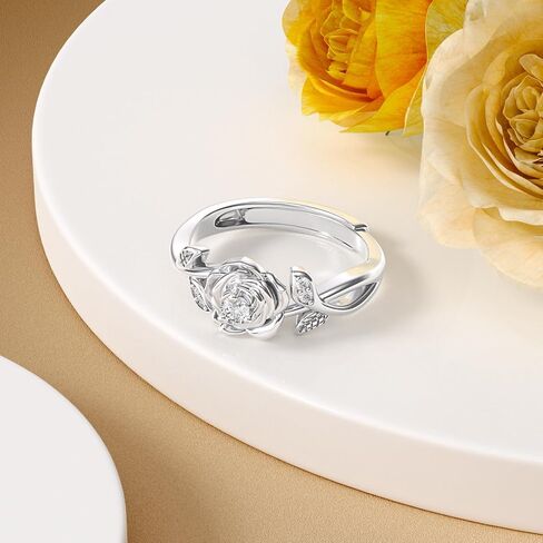Diamond Rose Open Ring for Women 925 Sterling Silver Rose Flower Adjustable Finger Rings Jewelry Birthday Anniversary Christmas Gifts for Mom Wife Lover Girlfriend Her in Saudi Arabia