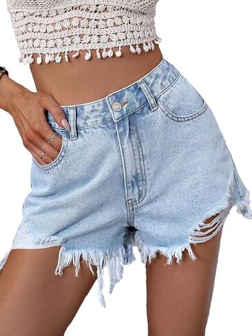 Nihsatin Women's High Waist Light Wash Denim Shorts Ripped Raw Hem Jean Shorts in Kuwait
