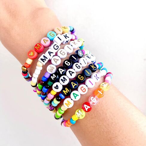 Magik 2 Pack Handmade Custom Name Seed Bead Bracelet or Anklet - Mama Stretch Beaded Bracelet for Women, Girls | Thoughtful Holiday Christmas, Mother's Day, Birthday Gift in Kuwait