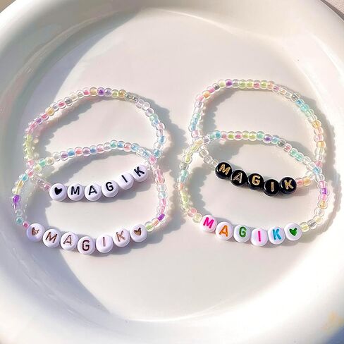 Magik 2 Pack Handmade Custom Name Seed Bead Bracelet or Anklet - Mama Stretch Beaded Bracelet for Women, Girls | Thoughtful Holiday Christmas, Mother's Day, Birthday Gift in Kuwait