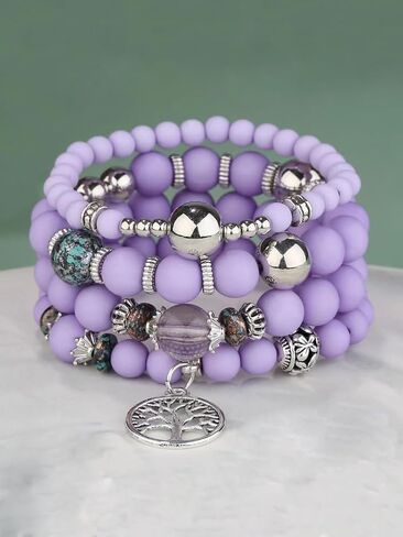 Boho Purple Beaded Bracelets Set for Women, 4Pcs Stackable Elastic Tree of Life Charm Bracelets, Handmade Natural Stone & Matte Bead Bangles Jewelry in Saudi Arabia