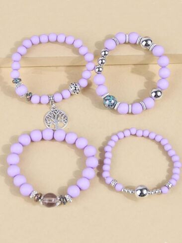 Boho Purple Beaded Bracelets Set for Women, 4Pcs Stackable Elastic Tree of Life Charm Bracelets, Handmade Natural Stone & Matte Bead Bangles Jewelry in Saudi Arabia