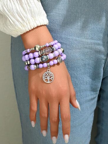 Boho Purple Beaded Bracelets Set for Women, 4Pcs Stackable Elastic Tree of Life Charm Bracelets, Handmade Natural Stone & Matte Bead Bangles Jewelry in Saudi Arabia