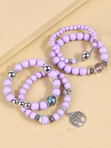 Boho Purple Beaded Bracelets Set for Women, 4Pcs Stackable Elastic Tree of Life Charm Bracelets, Handmade Natural Stone & Matte Bead Bangles Jewelry in Saudi Arabia