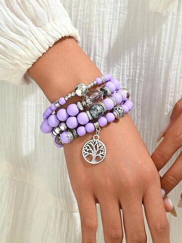 Boho Purple Beaded Bracelets Set for Women, 4Pcs Stackable Elastic Tree of Life Charm Bracelets, Handmade Natural Stone & Matte Bead Bangles Jewelry in Saudi Arabia