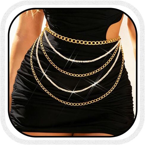 Rhinestone Chain Belt Gold Sparkly Waist Chains Fashion Body Chain Jewelry for Women in Saudi Arabia
