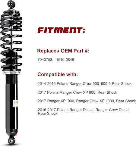 Monotube ATV Rear Shocks, Shock Absorber, Struts for Polaris Ranger 2014-2015 Crew 900, 900-6; 2017 Crew XP 900, XP 1000, Crew XP 1000, Ranger Diesel, Ranger Crew Diesel, OEM: 7043753, 1515-0846; in Kuwait