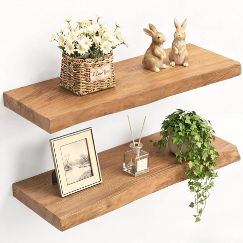 PERFNIQUE 24 Inch Floating Shelves Set of 2, Solid Elm Wood Rustic Live Edge Wall Decor Shelves - Invisible Bracket Mount for Living Room, Kitchen, Bathroom, Natural. in Kuwait