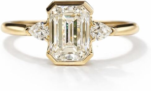 Emerald Cut Moissanite Ring 18K Yellow Gold Three Stone Engagement Ring Bezel Set Minimalist Ring Handmade Fine Jewelry Gift for Her in Saudi Arabia