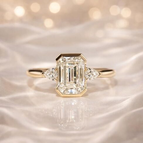 Emerald Cut Moissanite Ring 18K Yellow Gold Three Stone Engagement Ring Bezel Set Minimalist Ring Handmade Fine Jewelry Gift for Her in Saudi Arabia