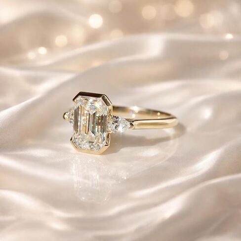 Emerald Cut Moissanite Ring 18K Yellow Gold Three Stone Engagement Ring Bezel Set Minimalist Ring Handmade Fine Jewelry Gift for Her in Saudi Arabia