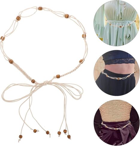Didiseaon Bohemian Braided Belt for Women, Woven Waistband with Wooden Beads, Lightweight Cream Waist Rope for Casual and Vacation Dresses in Saudi Arabia