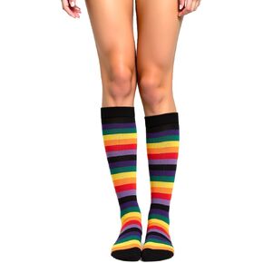 Rainbow Striped Knee High Socks for Women Colorful Fun Long Tube Socks Halloween Party Costume Knee Highs Calf Sock in Kuwait