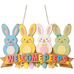 Easter Bunny Door Sign Wooden Welcome Peeps Easter Door Hanging Rabbit Door Sign Cute 4 Bunny Wreath Hanging Plaque Wooden Rabbit Sign for Farmhouse Porch Wall Fireplace Decor Spring Gifts in Kuwait
