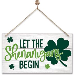 علامة باب أمامية خشبية لعيد القديس باتريك شامروك، 'دع الشينانيغانز تبدأ' ديكور باب بطابع شامروك الأيرلندي للعطلات والشرفة الأمامية في الهواء الطلق وشرفة المزرعة الريفية وعلامة باب فنية جدارية مقاس 11.8 × 6.6 بوصة in Kuwait