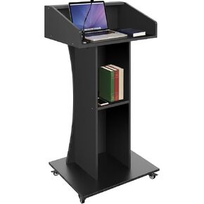 Podium Stand with Lockable Wheels,47"H Wooden Podium for Classroom, Mobile Pulpit Lectern with 3 Storage Shelves for Church, Office,Conference Room (Black) in Kuwait