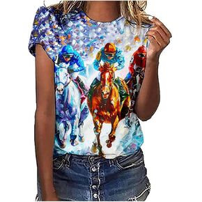 Mzkdieey Horse Racing Shirts for Women Summer Casual Short Sleeve Tops Funny Graphic Tees Crewneck Loose Fit Tunic Blouse in Kuwait