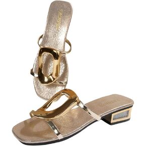 Women's Metal Flat Sandals Summer Dressy Flat Sandals Square Open Toe Slip on Slides Vacation Shoes in Kuwait