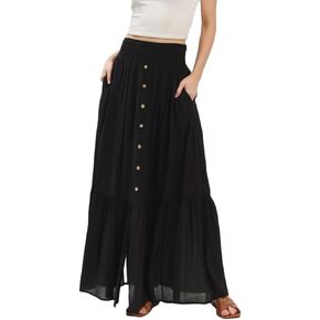 Women Summer Casual Smocked Long Flowy Maxi Skirt Boho Button Accent High Waist Tiered Split Skirt with Pockets in Saudi Arabia