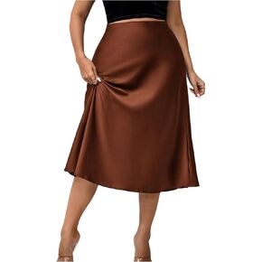 تنورة Floerns النسائية ذات الحجم الكبير أنيقة على شكل حرف A متوسطة الطول بخصر عالٍ من الساتان للمناسبات الليلية والسهرات الرسمية in Kuwait