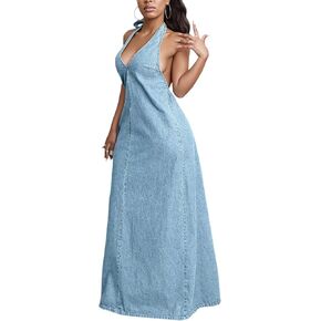 LETSVDO Women's Sexy Sleeveless Maxi Denim Dress Halter Deep V Neck Backless Flowy Going Out Long Jean Dresses in Kuwait