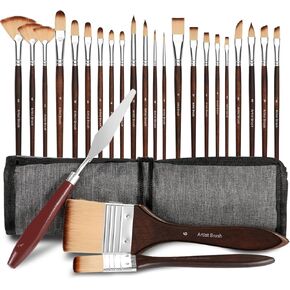 Bowitzki 25pcs Paint Brush Set,Professional Artist Paintbrush kit with Flat, Filbert, Fan, Dagger, Cat Tongue, Round, Angle, Spatula,Rigger for Oil, Acrylic Canvas Paintings, Body Face Painting in Kuwait
