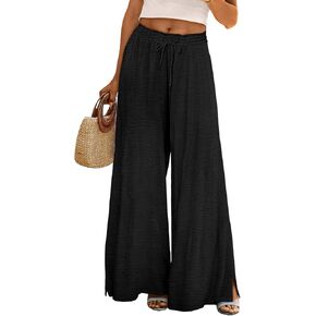 YESNO Women Summer Flowy Wide Leg Pants Drawstring Elastic Waist Casual Lounge Beach Palazzo Trouser with Pockets PPR in Kuwait