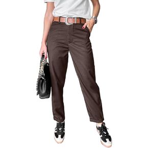 Women's Casual Dress Pants Striped High Waisted Cuffed Ankle Pants Straight Loose Business Work Trouser in Kuwait