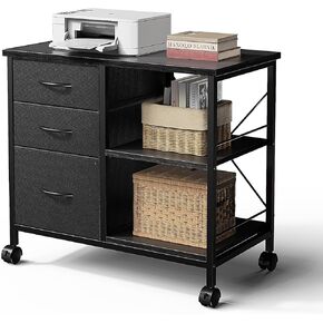 خزانة ملفات متنقلة ذات 3 أدراج من DUMOS مع مساحة تخزين، وحامل طابعة مع رف مفتوح، وطاولة مكتب مع أدراج وشريط دعم خلفي، تحمل 110 رطل للمكتب المنزلي، أسود in Kuwait