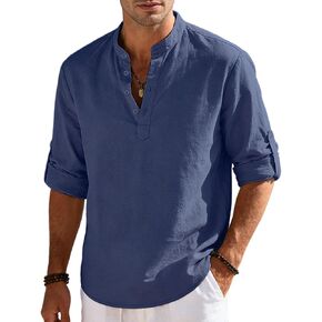 Men's Cotton Linen Henley Shirts Long Sleeve Banded Casual Beach T Shirt Lightweight for Summer in Kuwait