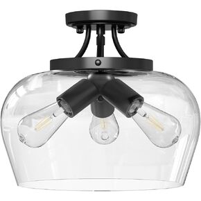 VONLUCE Semi Flush Mount Ceiling Light, 13.8" Ceiling Light Fixture with Clear Glass Shade, E26 Base, 3-Bulb Industrial Lighting Fixture for Hallway Entryway Bedroom, Matte Black, ETL Certificated in Kuwait