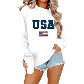 المرأة الولايات المتحدة الأمريكية البلوز Crewneck العلم الأمريكي سترة طويلة الأكمام الولايات المتحدة الأمريكية قميص البلوز 4th من يوليو تي شيرت وتتسابق in Kuwait