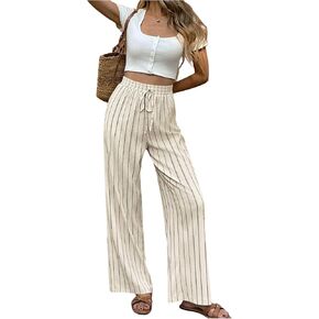 MakeMeChic Women's Striped Linen Pants High Waist Tie Front Drawstring Palazzo Pant Trousers in Kuwait