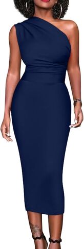 Memoriesea Women's Sexy One Shoulder Sleeveless Bodycon Ruched Midi Club Party Dress in Saudi Arabia