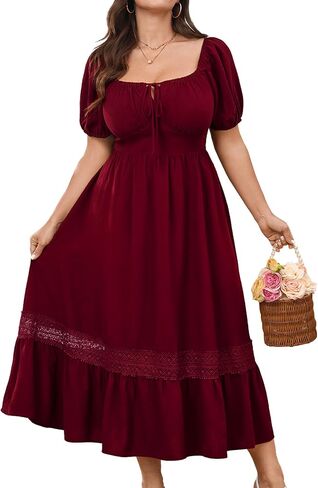 SCOMCHIC Women's Plus Size Dresses Summer Milkmaid Short Sleeve Square Neck A Line Lace Trim Boho Maxi Dress in Saudi Arabia