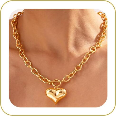 Gold Heart Necklace for Women – Chunky 14K Gold Plated Heart Pendant Necklace with Toggle Clasp, Oval Link Chain, Trendy Dainty Non Tarnish Love Jewelry Gift in Saudi Arabia